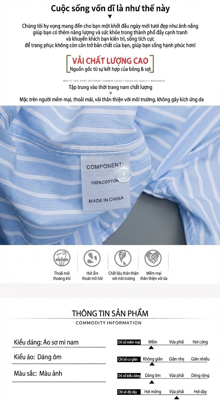 Áo Sơ Mi Nam Cotton Dài Tay Kẻ Sọc Xanh Trắng Thêu Ong chi tiết 4