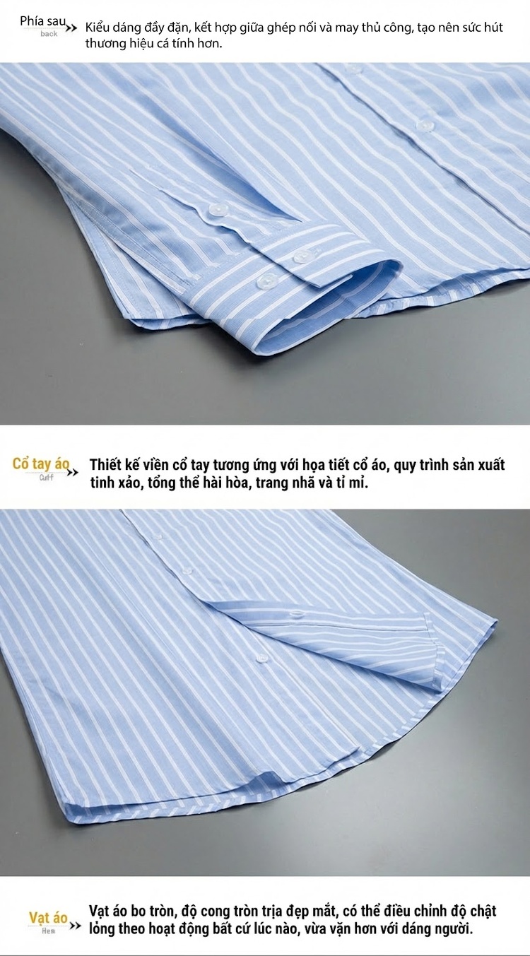 Áo Sơ Mi Nam Cotton Dài Tay Kẻ Sọc Xanh Trắng Thêu Ong chi tiết 9