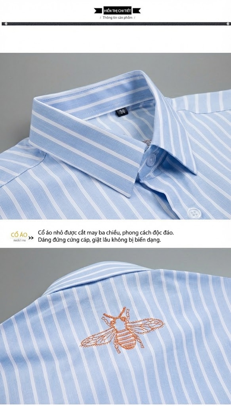 Áo Sơ Mi Nam Cotton Dài Tay Kẻ Sọc Xanh Trắng Thêu Ong chi tiết 8