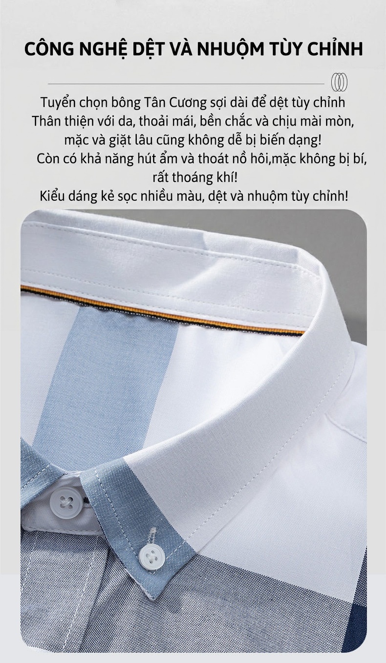 Áo Sơ Mi Nam Cotton Dài Tay Ô Vuông Kiểu Công Sở Màu Xanh Lá, Xanh Dương, Xám, Trắng... chi tiết 3