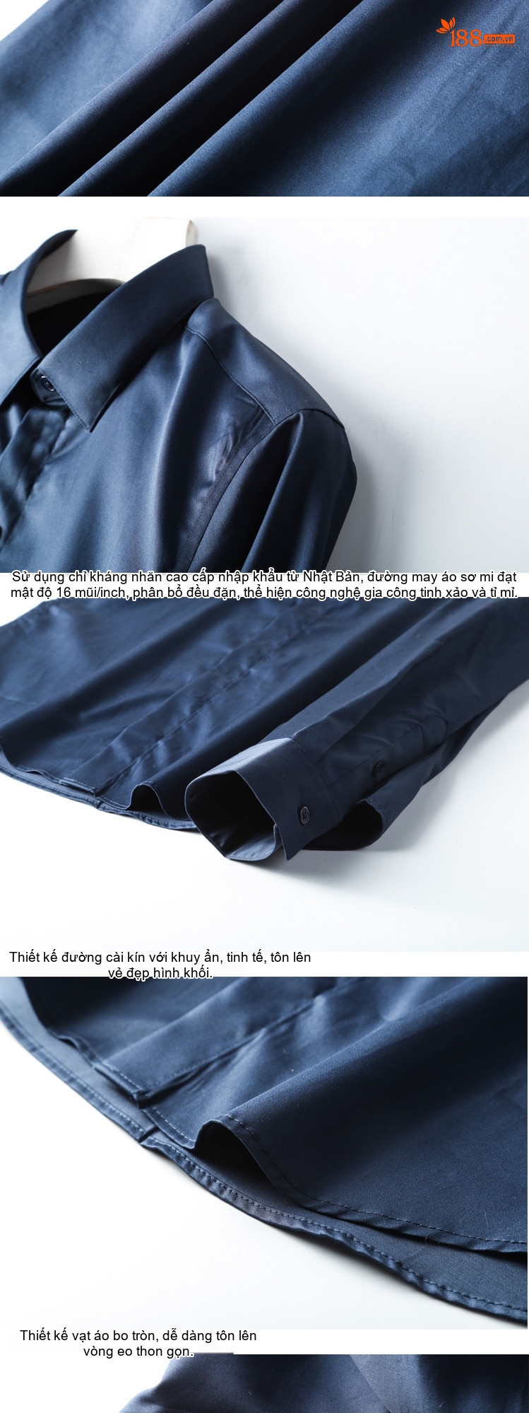 Áo Sơ Mi Nam Cotton Dáng Ôm Không Nhăn Màu Tím, Xanh Dương, Xanh Navy, Đỏ chi tiết 9