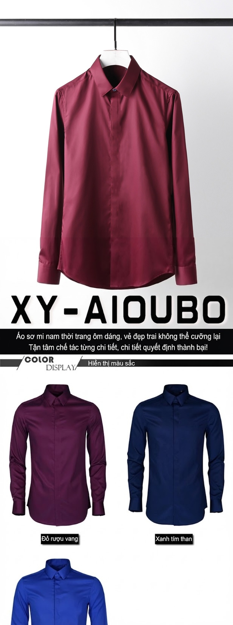 Áo Sơ Mi Nam Cotton Dáng Ôm Không Nhăn Màu Tím, Xanh Dương, Xanh Navy, Đỏ chi tiết 1