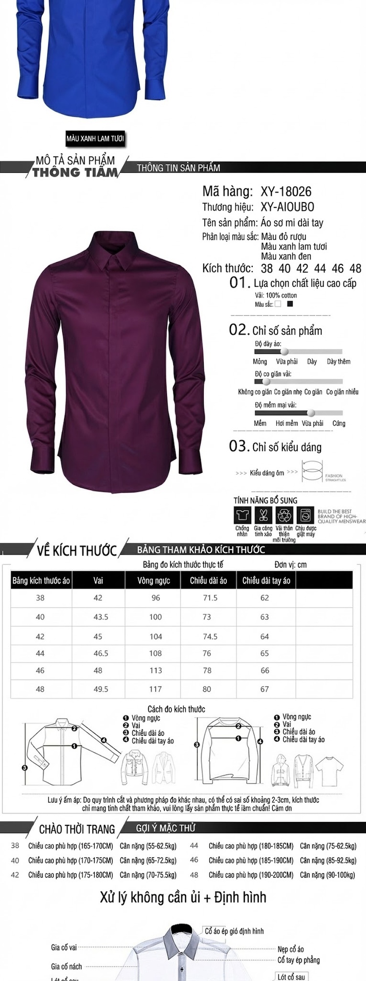 Áo Sơ Mi Nam Cotton Dáng Ôm Không Nhăn Màu Tím, Xanh Dương, Xanh Navy, Đỏ chi tiết 2