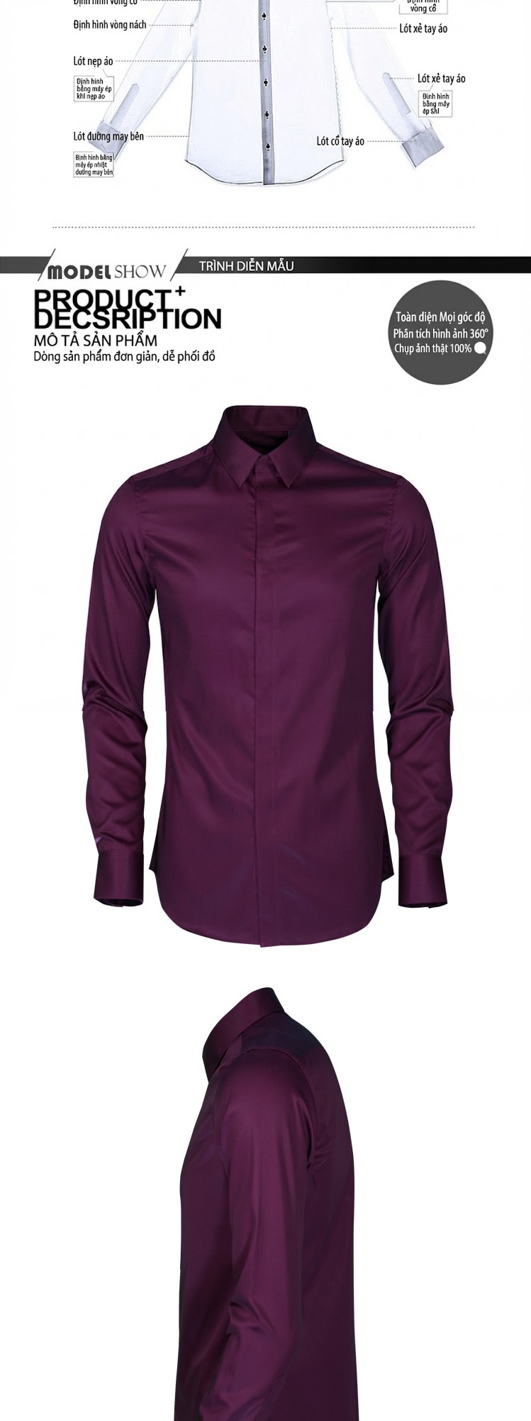 Áo Sơ Mi Nam Cotton Dáng Ôm Không Nhăn Màu Tím, Xanh Dương, Xanh Navy, Đỏ chi tiết 3
