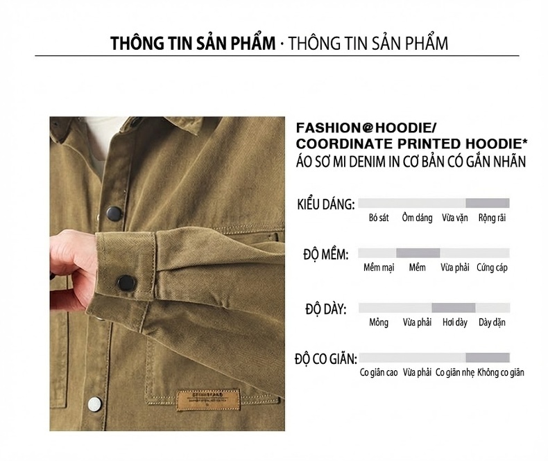 Áo Sơ Mi Nam Cotton Dáng Rộng Tay Dài Lót Lông Màu Trắng Kem, Xanh Rêu, Đen chi tiết 2