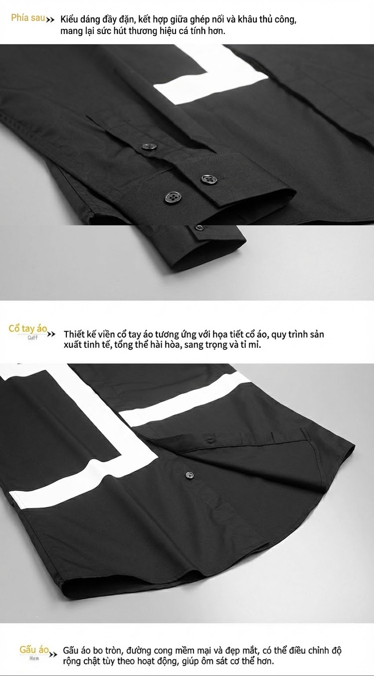 Áo Sơ Mi Nam Cotton In Họa Tiết Hình Học Tay Dài Phong Cách Âu Mỹ Màu Trắng, Đen chi tiết 10