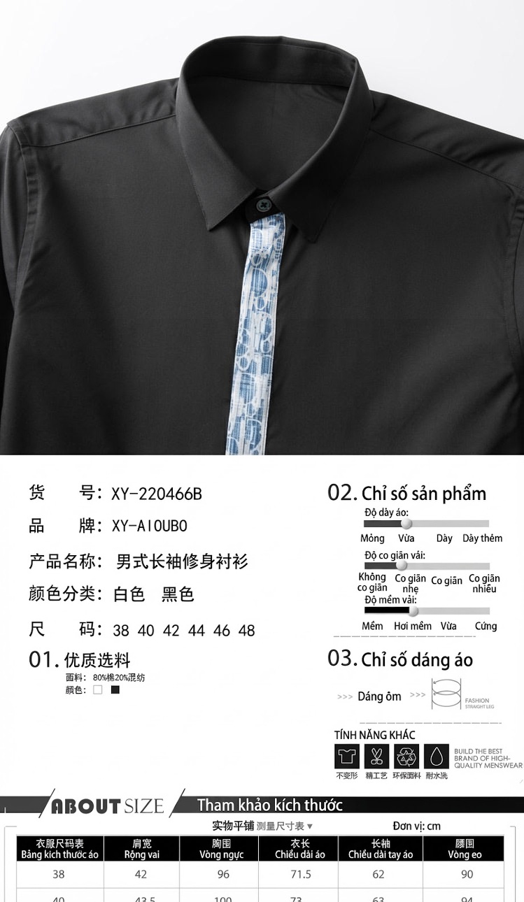 Áo Sơ Mi Nam Cotton In Họa Tiết Kỹ Thuật Số Tay Dài Form Ôm Màu Đen, Trắng chi tiết 2