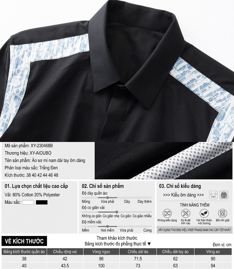 Áo Sơ Mi Nam Cotton Tay Dài Phối Chữ Vai Màu Đen, Trắng chi tiết 2