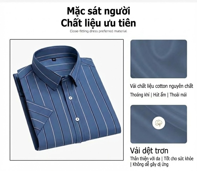 Áo Sơ Mi Nam Cotton Tay Ngắn Kẻ Sọc Thoáng Mát Màu Trắng, Xanh Dương, Nâu, Xám... chi tiết 4