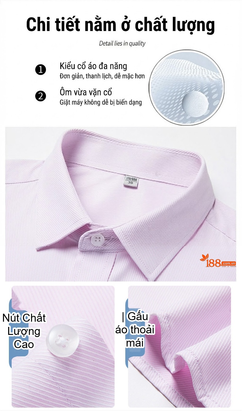 Áo Sơ Mi Nam Cotton Tay Ngắn Sọc Kẻ Chống Nhăn Màu Trắng, Xanh Dương, Tím Nhạt chi tiết 2