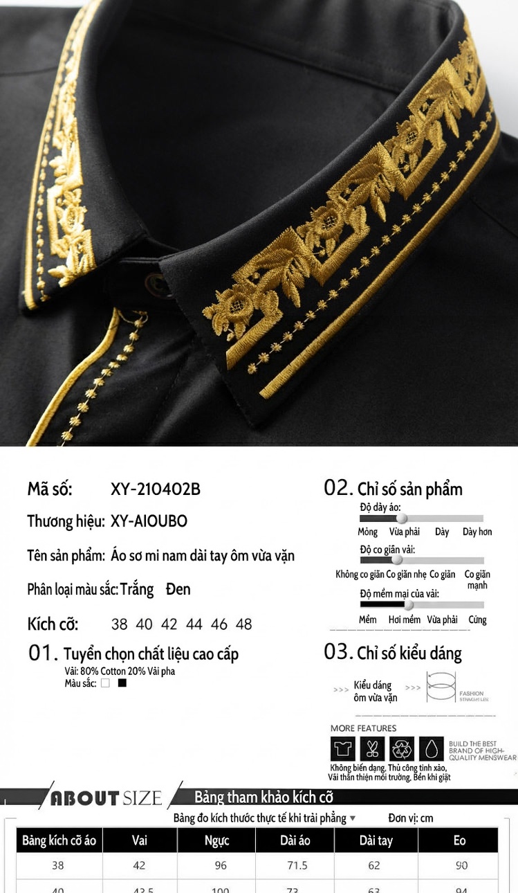 Áo Sơ Mi Nam Cotton Thêu Họa Tiết Cổ Điển Dáng Ôm Màu Đen, Trắng chi tiết 2