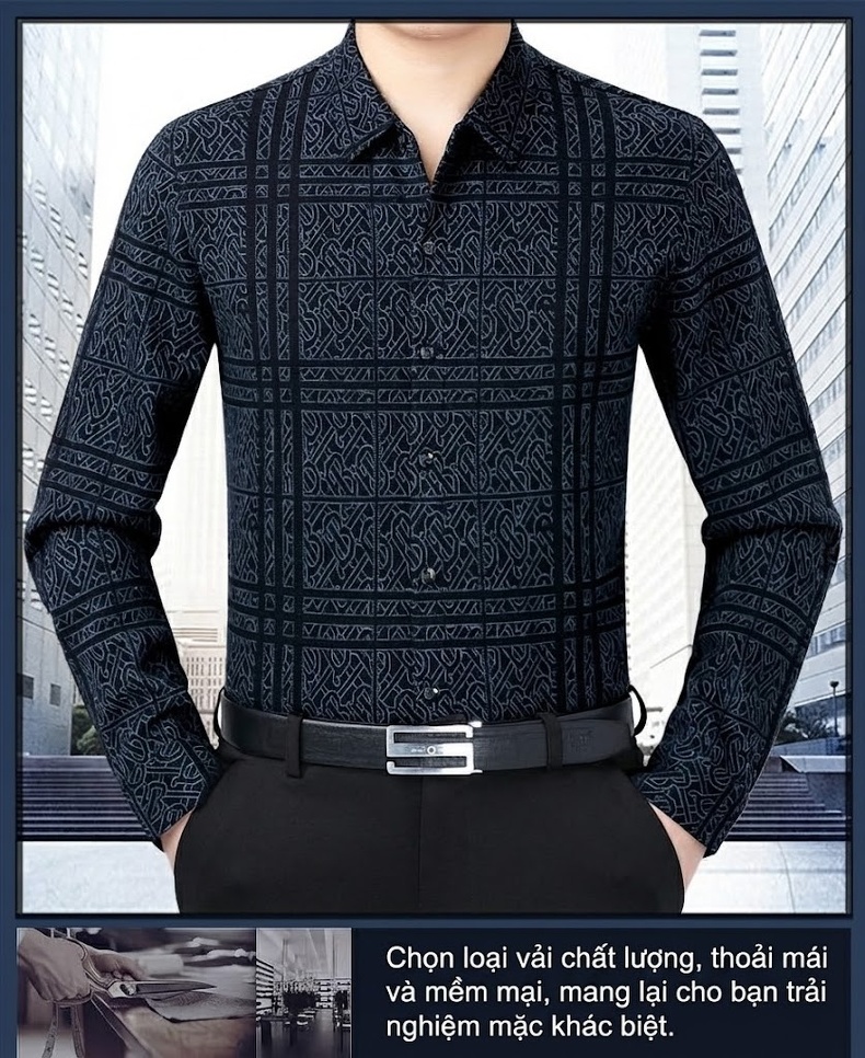 Áo Sơ Mi Nam Dài Tay Cashmere Họa Tiết Trung Niên Màu Xanh Đen chi tiết 1