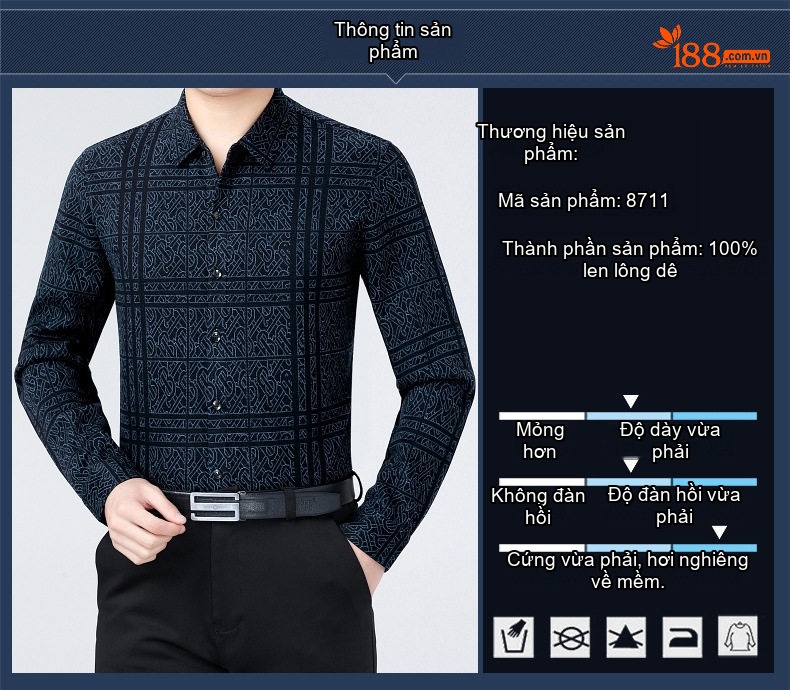 Áo Sơ Mi Nam Dài Tay Cashmere Họa Tiết Trung Niên Màu Xanh Đen chi tiết 3