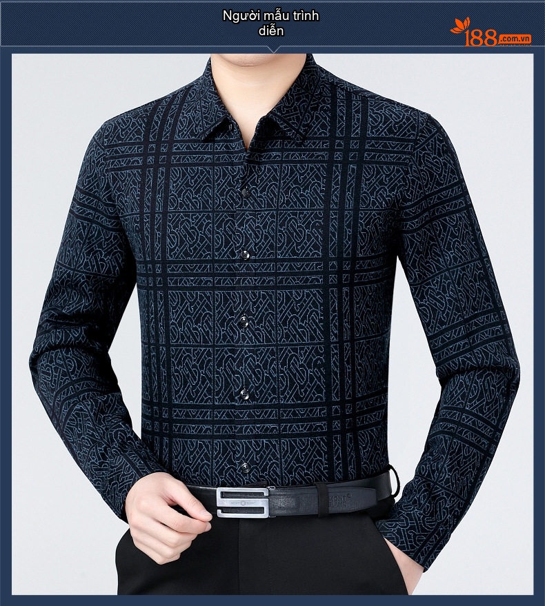 Áo Sơ Mi Nam Dài Tay Cashmere Họa Tiết Trung Niên Màu Xanh Đen chi tiết 5