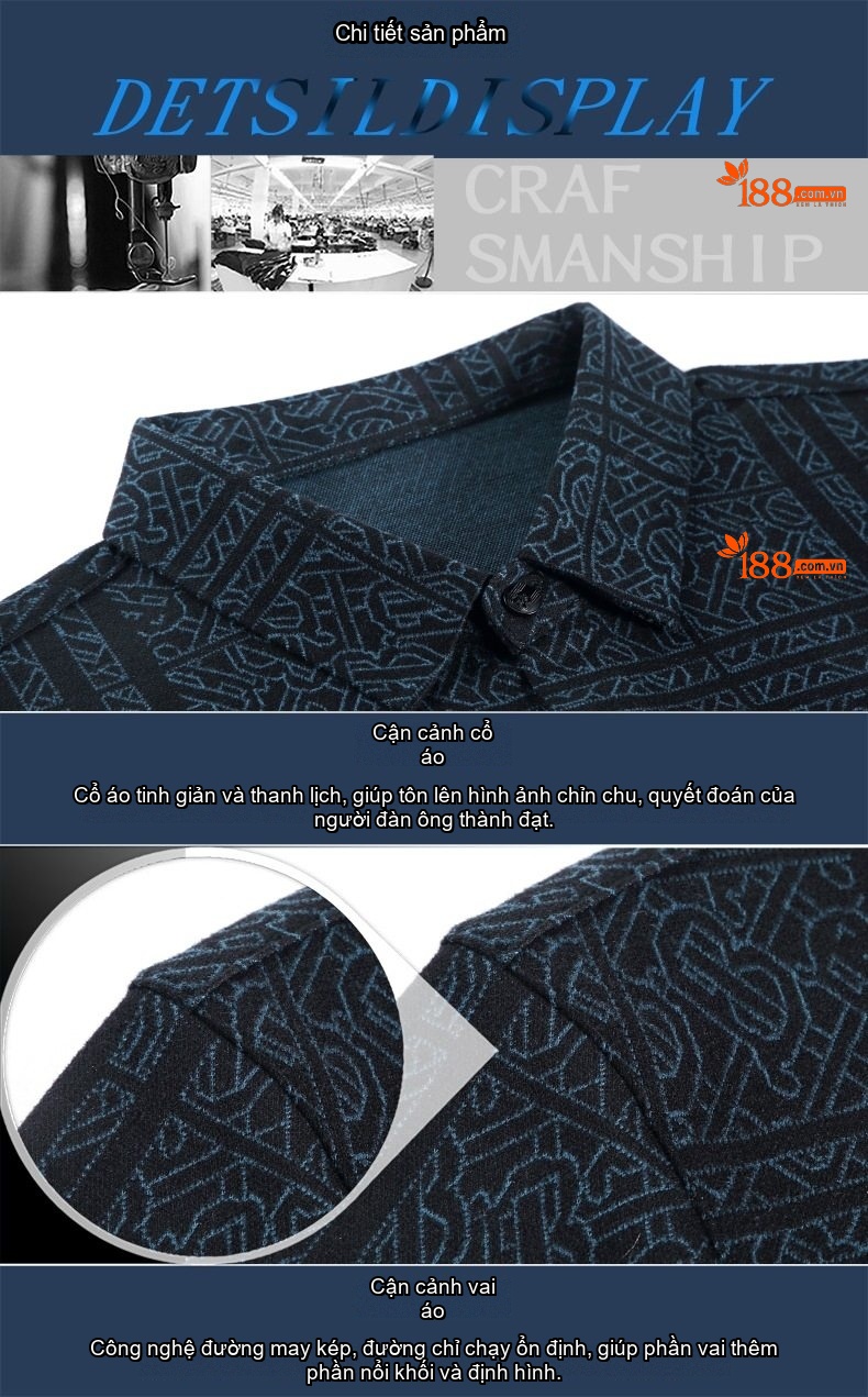 Áo Sơ Mi Nam Dài Tay Cashmere Họa Tiết Trung Niên Màu Xanh Đen chi tiết 15