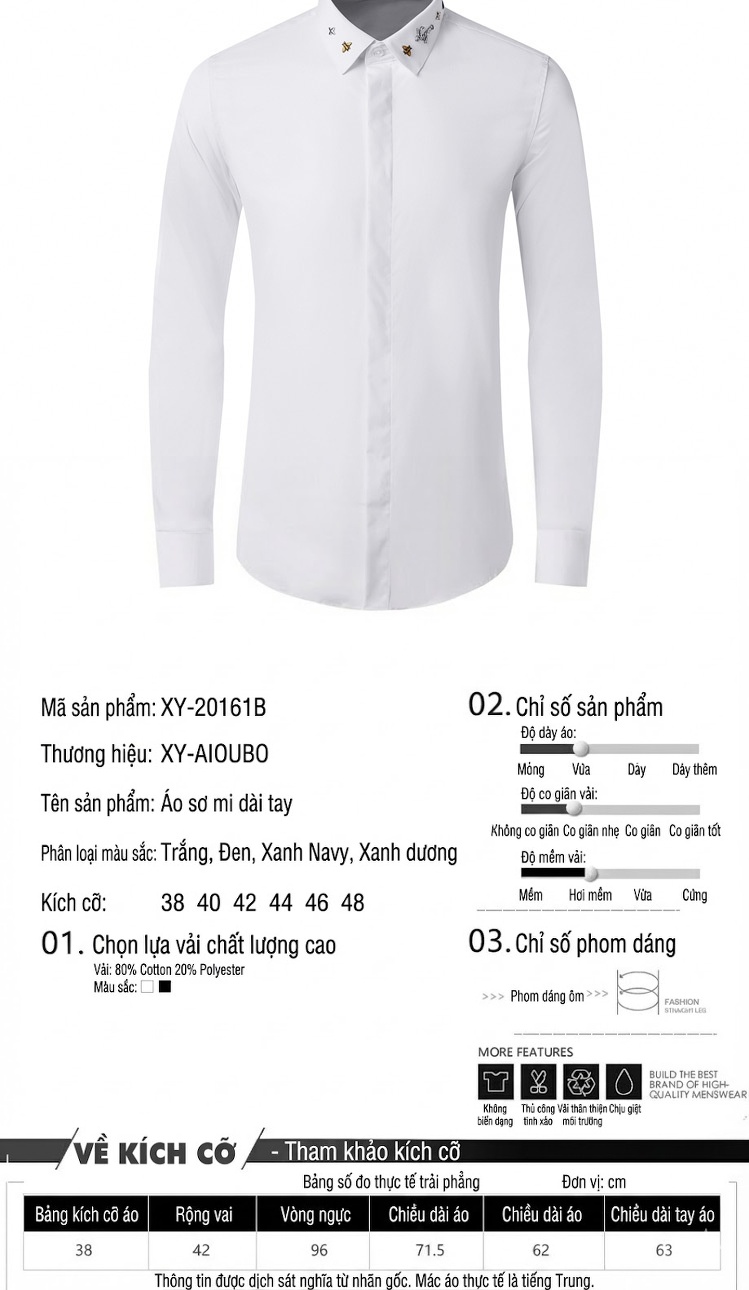 Áo Sơ Mi Nam Dài Tay Cổ Đính Họa Tiết Thời Trang Màu Đen, Trắng, Xanh Dương, Xanh Navy... chi tiết 2