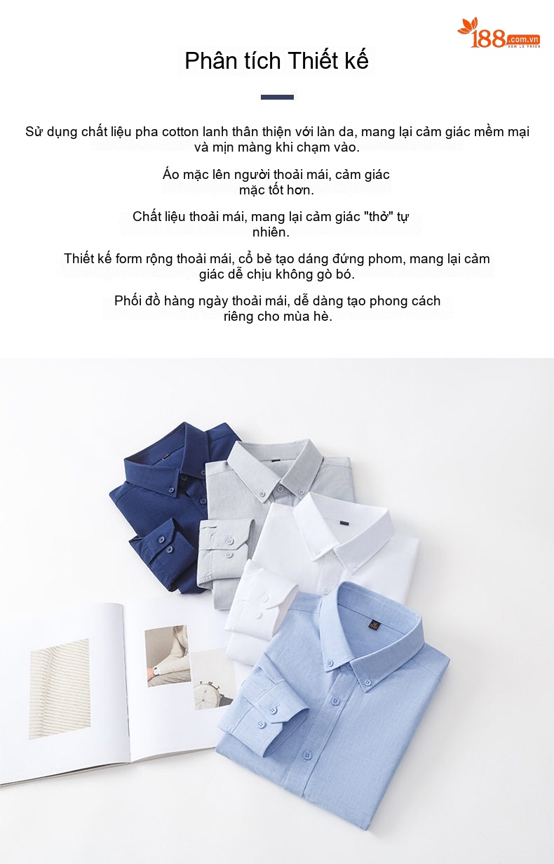 Áo Sơ Mi Nam Dài Tay Cotton Lanh Kiểu Dáng Basic Màu Trắng, Xám, Xanh Dương, Xanh Than chi tiết 2