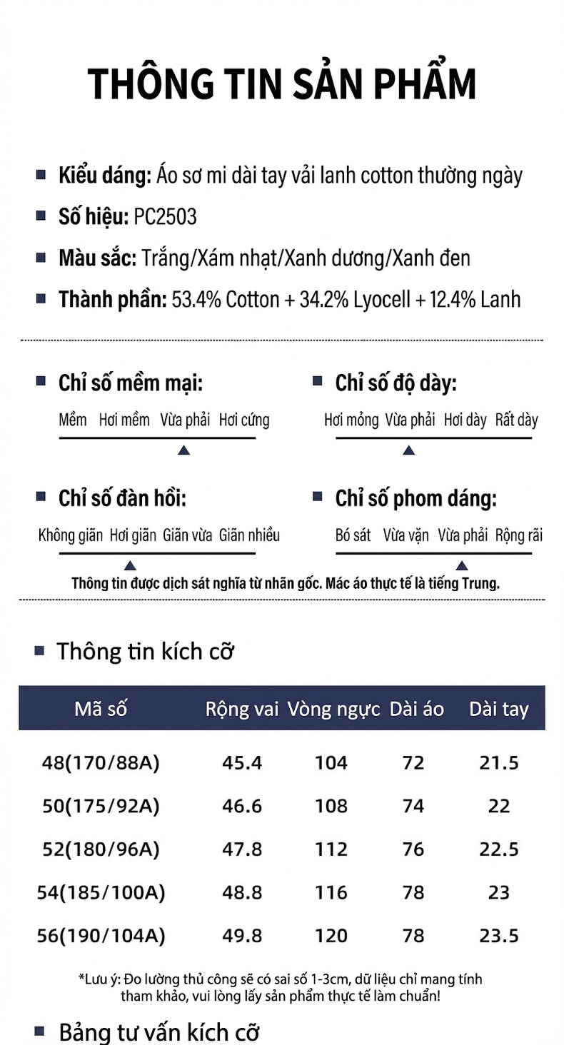 Áo Sơ Mi Nam Dài Tay Cotton Lanh Kiểu Dáng Basic Màu Trắng, Xám, Xanh Dương, Xanh Than chi tiết 11