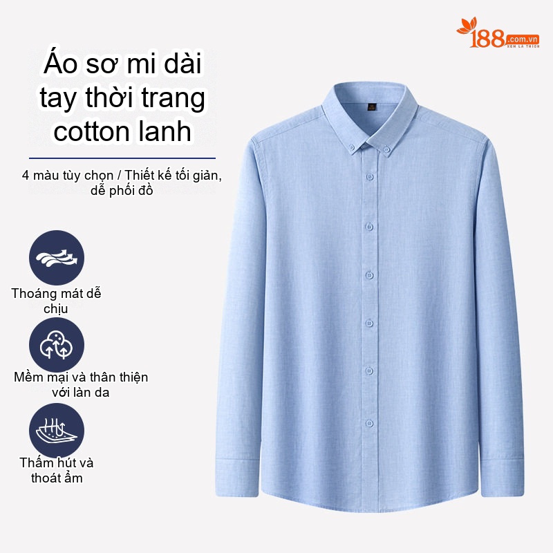 Áo Sơ Mi Nam Dài Tay Cotton Lanh Kiểu Dáng Basic Màu Trắng, Xám, Xanh Dương, Xanh Than