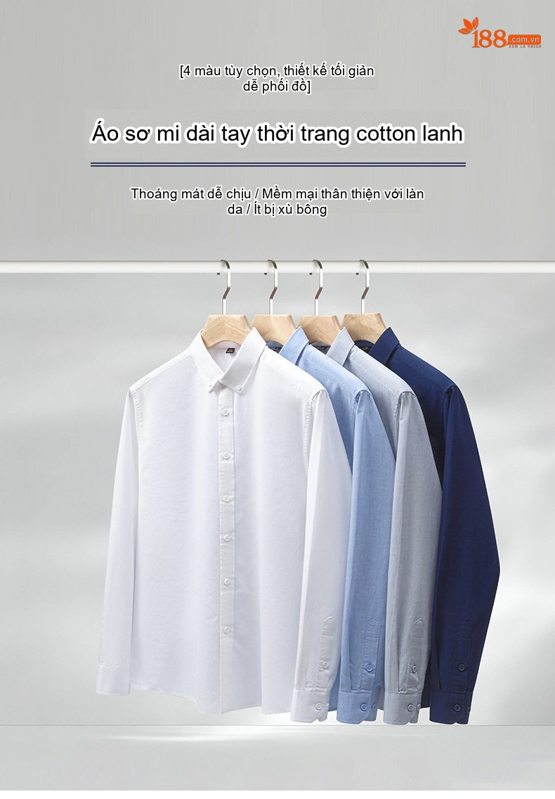 Áo Sơ Mi Nam Dài Tay Cotton Lanh Kiểu Dáng Basic Màu Trắng, Xám, Xanh Dương, Xanh Than chi tiết 1
