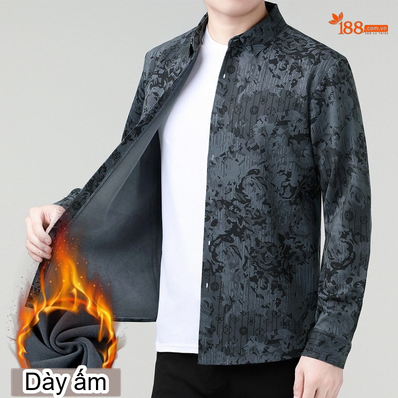 Áo Sơ Mi Nam Dài Tay Dệt Kim Lông Cừu Giữ Ấm Không Nhăn Màu Xám Đen