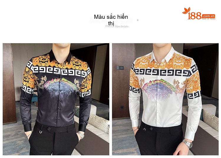 Áo Sơ Mi Nam Dài Tay Họa Tiết Hoa Văn Cổ Điển Phong Cách Âu Mỹ Màu Đen, Trắng, Vàng chi tiết 2