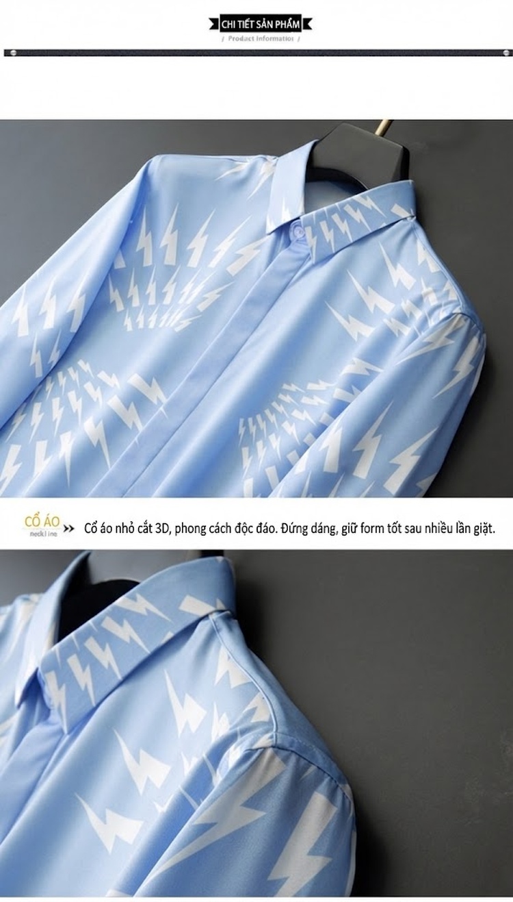 Áo Sơ Mi Nam Dài Tay In Hình Tia Chớp Form Slim-Fit Màu Xanh Lam, Trắng chi tiết 4