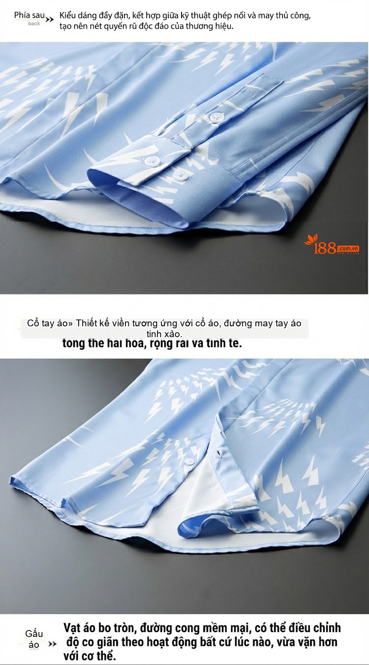 Áo Sơ Mi Nam Dài Tay In Hình Tia Chớp Form Slim-Fit Màu Xanh Lam, Trắng chi tiết 5