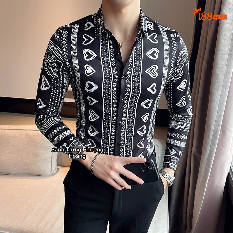 Áo Sơ Mi Nam Dài Tay In Họa Tiết Phong Cách Âu Mỹ Hàn Quốc Màu Đen, Trắng