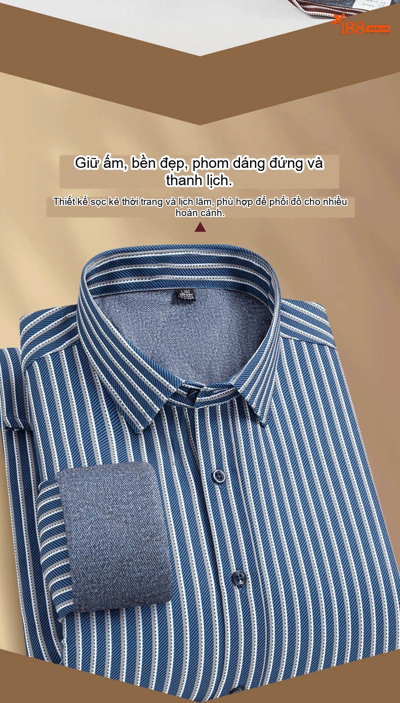 Áo Sơ Mi Nam Dài Tay Kẻ Sọc Lót Lông Cừu Giữ Ấm Phong Cách Doanh Nhân Màu Đỏ, Xanh Navy, Xanh Da Trời, Xám... chi tiết 2