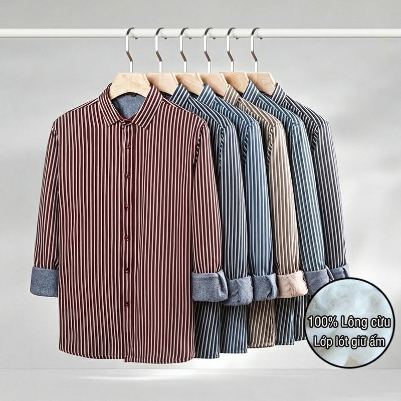 Áo Sơ Mi Nam Dài Tay Kẻ Sọc Lót Lông Cừu Giữ Ấm Phong Cách Doanh Nhân Màu Đỏ, Xanh Navy, Xanh Da Trời, Xám...