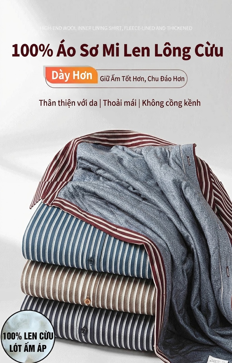 Áo Sơ Mi Nam Dài Tay Kẻ Sọc Lót Lông Cừu Giữ Ấm Phong Cách Doanh Nhân Màu Đỏ, Xanh Navy, Xanh Da Trời, Xám... chi tiết 1