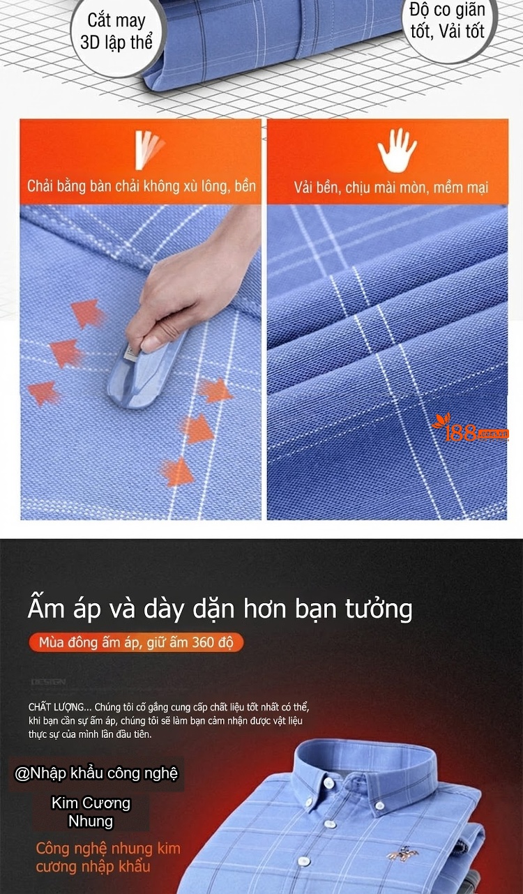 Áo Sơ Mi Nam Dài Tay Lót Lông Cotton Oxford Dày Dặn Kẻ Sọc Giữ Nhiệt Màu Xanh, Xám, Đỏ, Đen... chi tiết 2