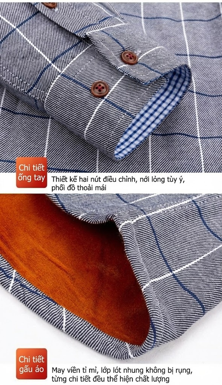 Áo Sơ Mi Nam Dài Tay Lót Lông Dày Dặn Ấm Áp Kẻ Caro Màu Xanh Navy, Xám, Xanh Lá, Xanh Dương... chi tiết 13