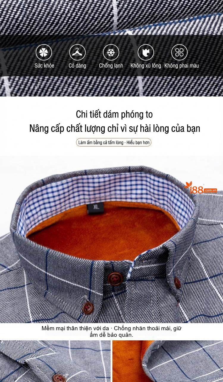 Áo Sơ Mi Nam Dài Tay Lót Lông Dày Dặn Ấm Áp Kẻ Caro Màu Xanh Navy, Xám, Xanh Lá, Xanh Dương... chi tiết 4