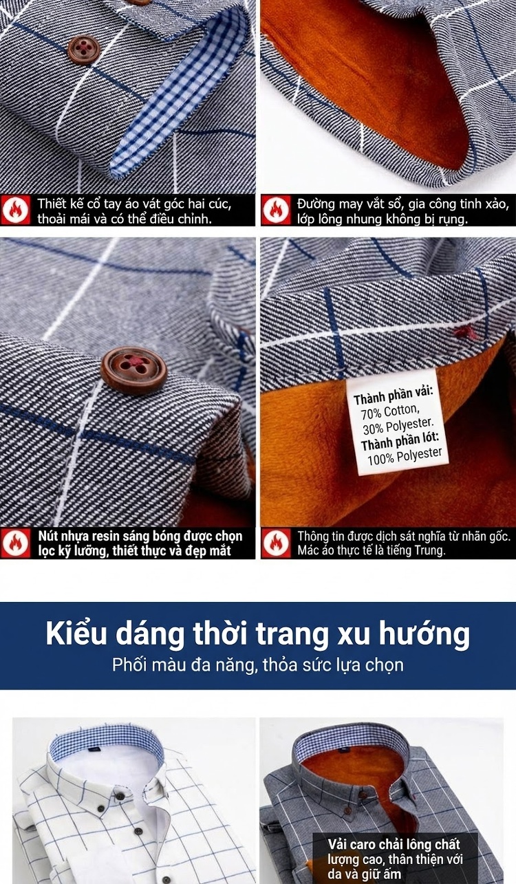 Áo Sơ Mi Nam Dài Tay Lót Lông Dày Dặn Ấm Áp Kẻ Caro Màu Xanh Navy, Xám, Xanh Lá, Xanh Dương... chi tiết 5