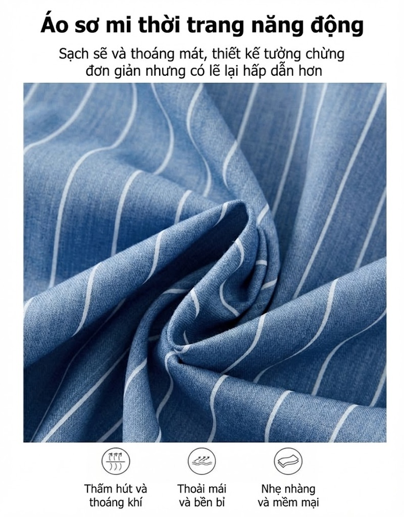 Áo Sơ Mi Nam Dài Tay Sọc Đứng Vải Mịn Thoáng Mát Màu Xanh Da Trời chi tiết 10