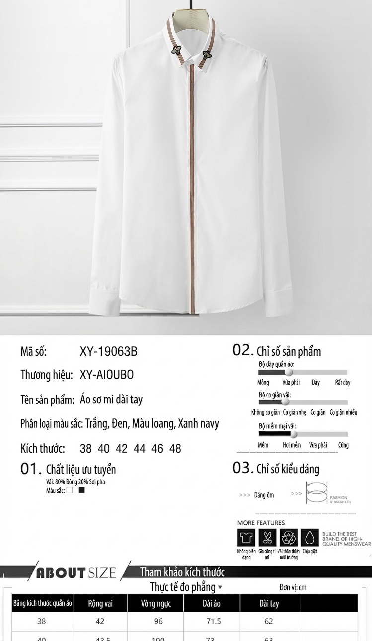 Áo Sơ Mi Nam Dài Tay Thêu Họa Tiết Slim Fit Màu Trắng, Đen, Xanh Dương, Xanh Navy chi tiết 2