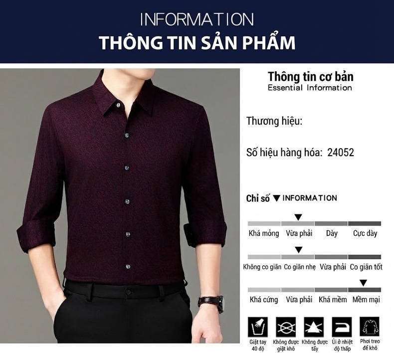 Áo Sơ Mi Nam Dài Tay Thương Mại Công Sở Chất Liệu Lông Cừu Màu Đen, Đỏ chi tiết 4