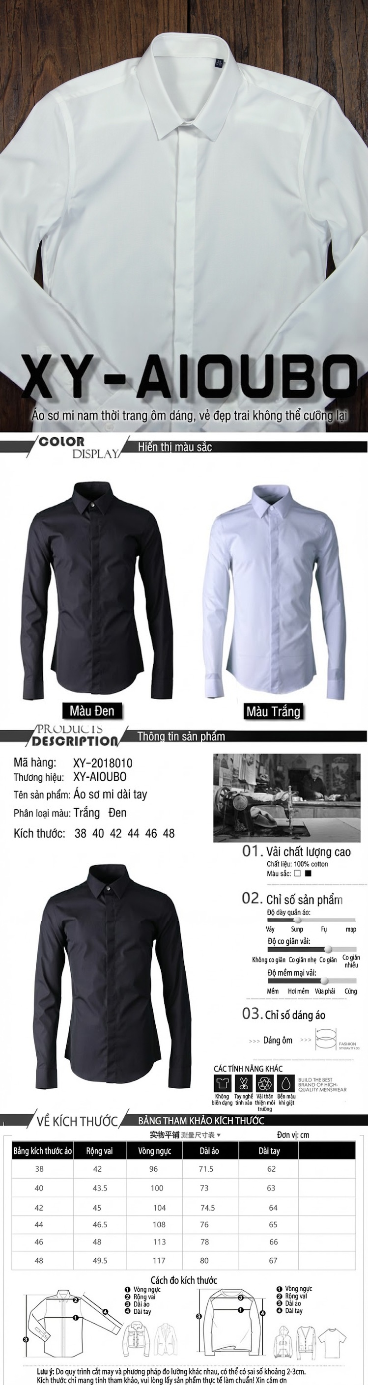 Áo Sơ Mi Nam Dáng Ôm Cotton 100 Chi, Không Nhăn Màu Đen, Trắng chi tiết 1
