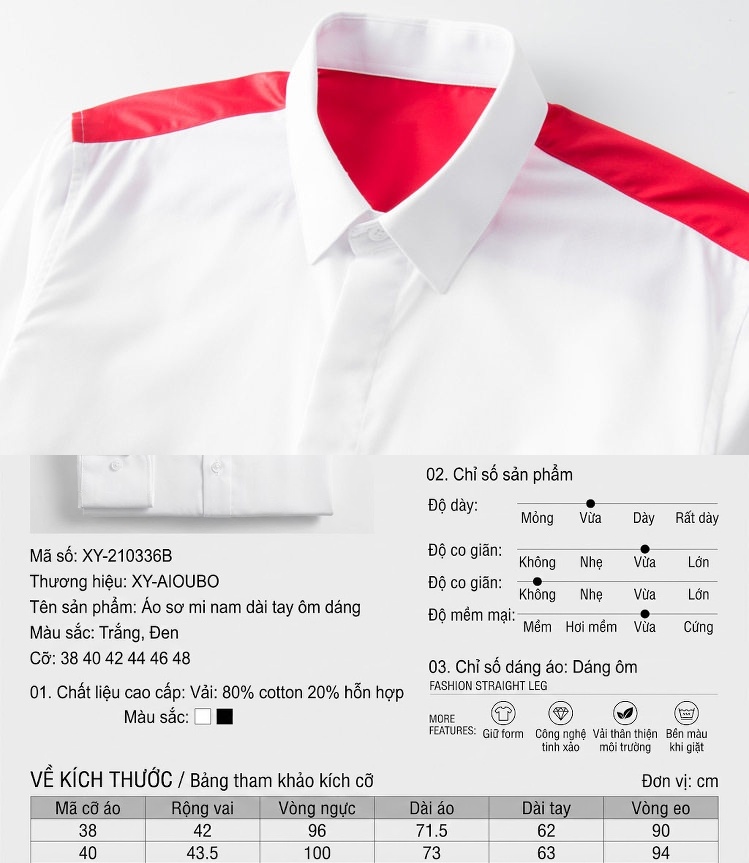 Áo Sơ Mi Nam Dáng Ôm Tay Dài Phối Màu Thời Trang Công Sở Màu Trắng, Đen, Đỏ chi tiết 2
