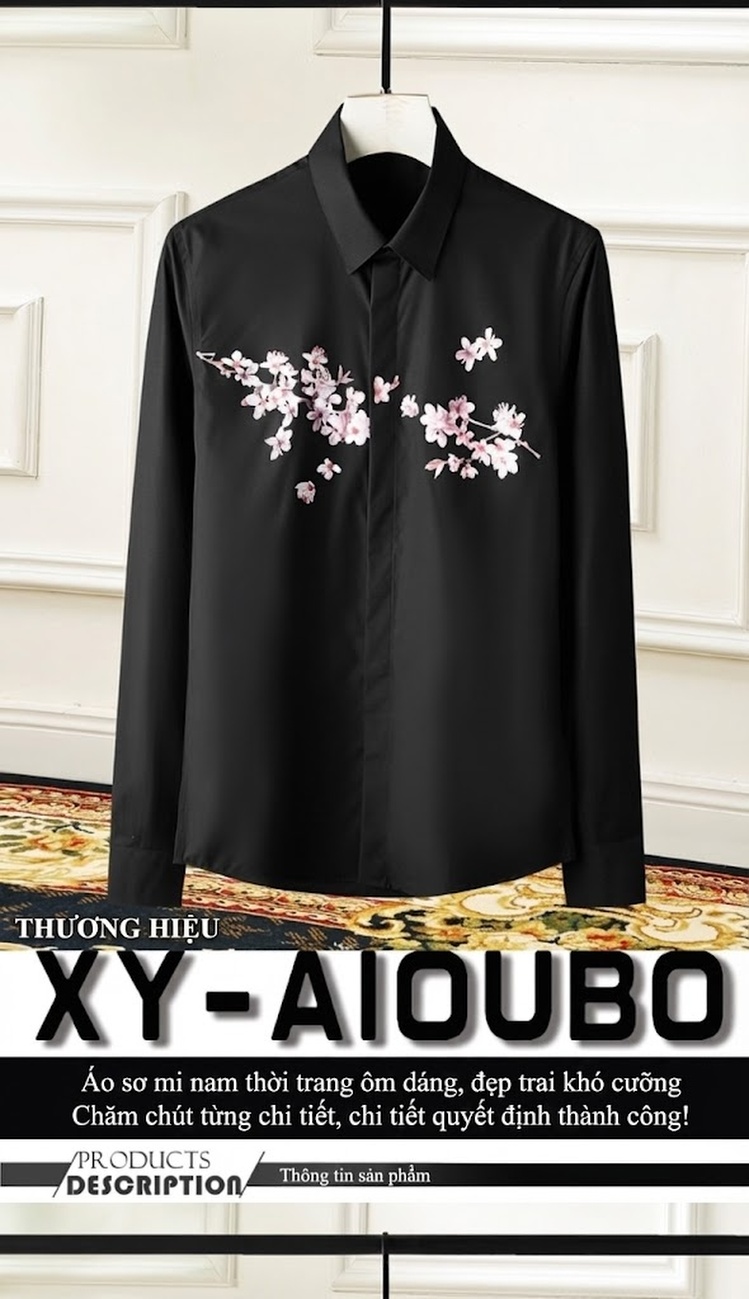 Áo Sơ Mi Nam In Hoa Mai Tay Dài Form Ôm Vừa Màu Xanh Navy, Trắng, Đen, Xanh Dương... chi tiết 1