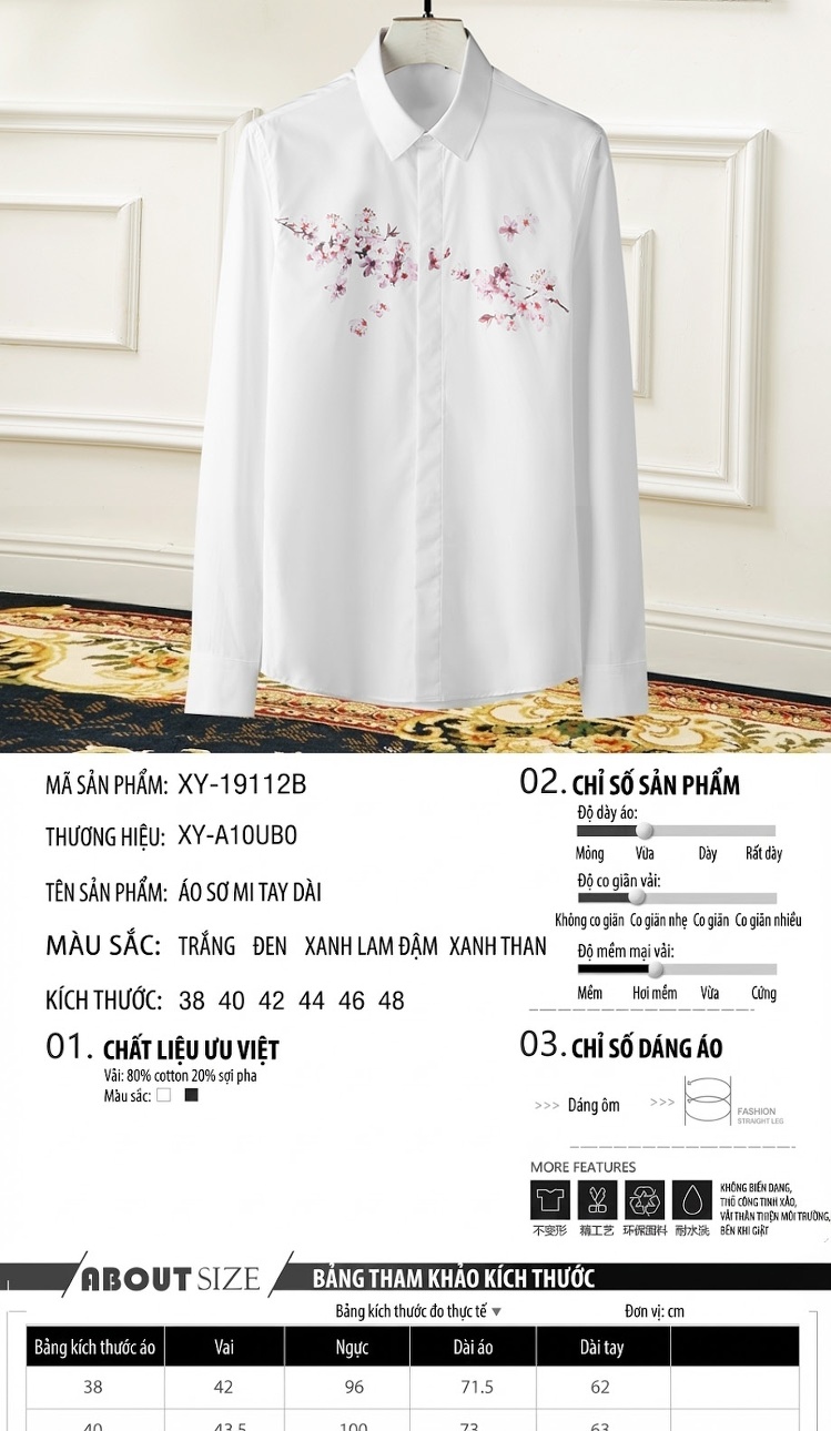 Áo Sơ Mi Nam In Hoa Mai Tay Dài Form Ôm Vừa Màu Xanh Navy, Trắng, Đen, Xanh Dương... chi tiết 2