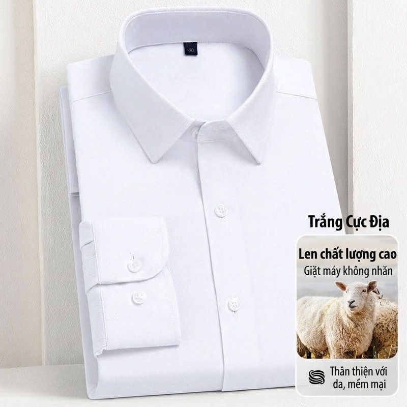 Áo Sơ Mi Nam Lông Cừu Non Dài Tay Chống Nhăn Giặt Máy Màu Xanh Hải Quân, Hồng, Xám Đậu Xanh, Trắng