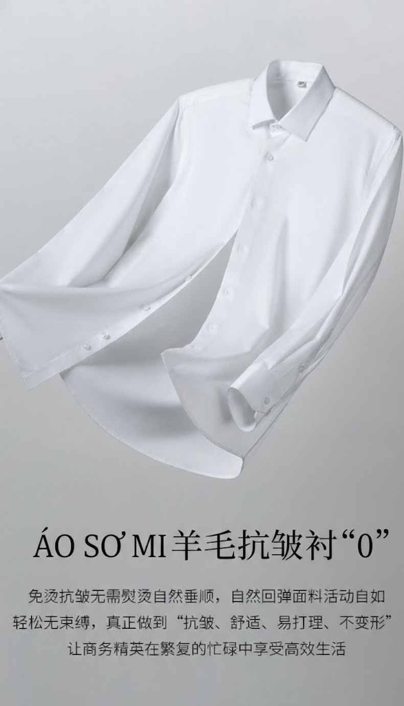 Áo Sơ Mi Nam Lông Cừu Non Dài Tay Chống Nhăn Giặt Máy Màu Xanh Hải Quân, Hồng, Xám Đậu Xanh, Trắng chi tiết 1