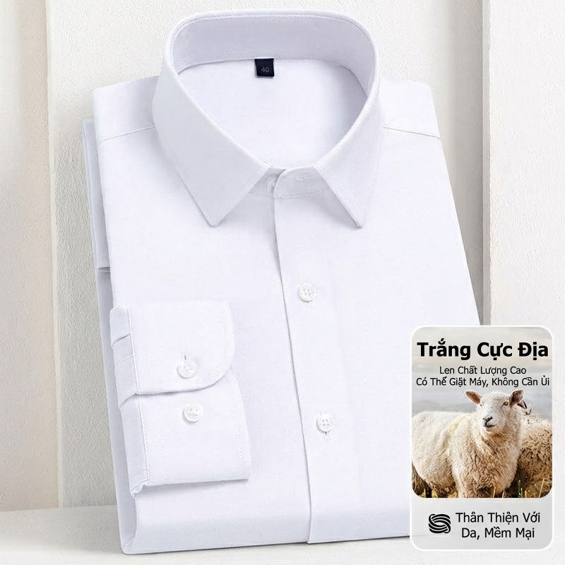 Áo Sơ Mi Nam Lông Cừu Non Dài Tay Chống Nhăn Giặt Máy Màu Xanh Hải Quân, Hồng, Xám Đậu Xanh, Trắng chi tiết 2
