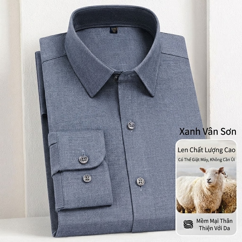 Áo Sơ Mi Nam Lông Cừu Non Dài Tay Chống Nhăn Giặt Máy Màu Xanh Hải Quân, Hồng, Xám Đậu Xanh, Trắng chi tiết 3