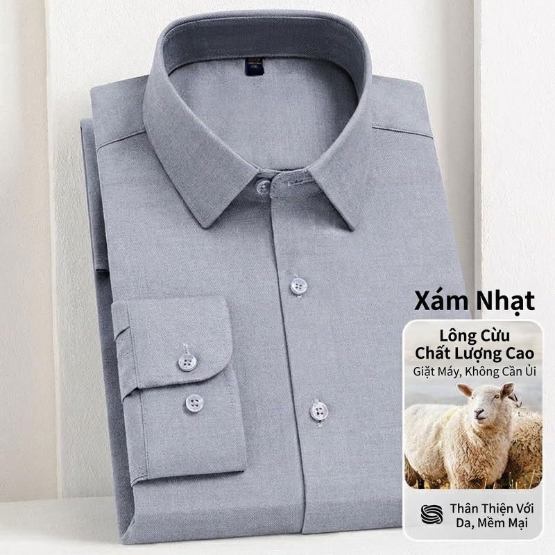 Áo Sơ Mi Nam Lông Cừu Non Dài Tay Chống Nhăn Giặt Máy Màu Xanh Hải Quân, Hồng, Xám Đậu Xanh, Trắng chi tiết 10