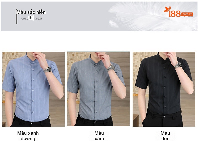 Áo Sơ Mi Nam Ngắn Tay Cổ Trụ Kẻ Sọc Thoáng Mát Phong Cách Công Sở Màu Xám chi tiết 8