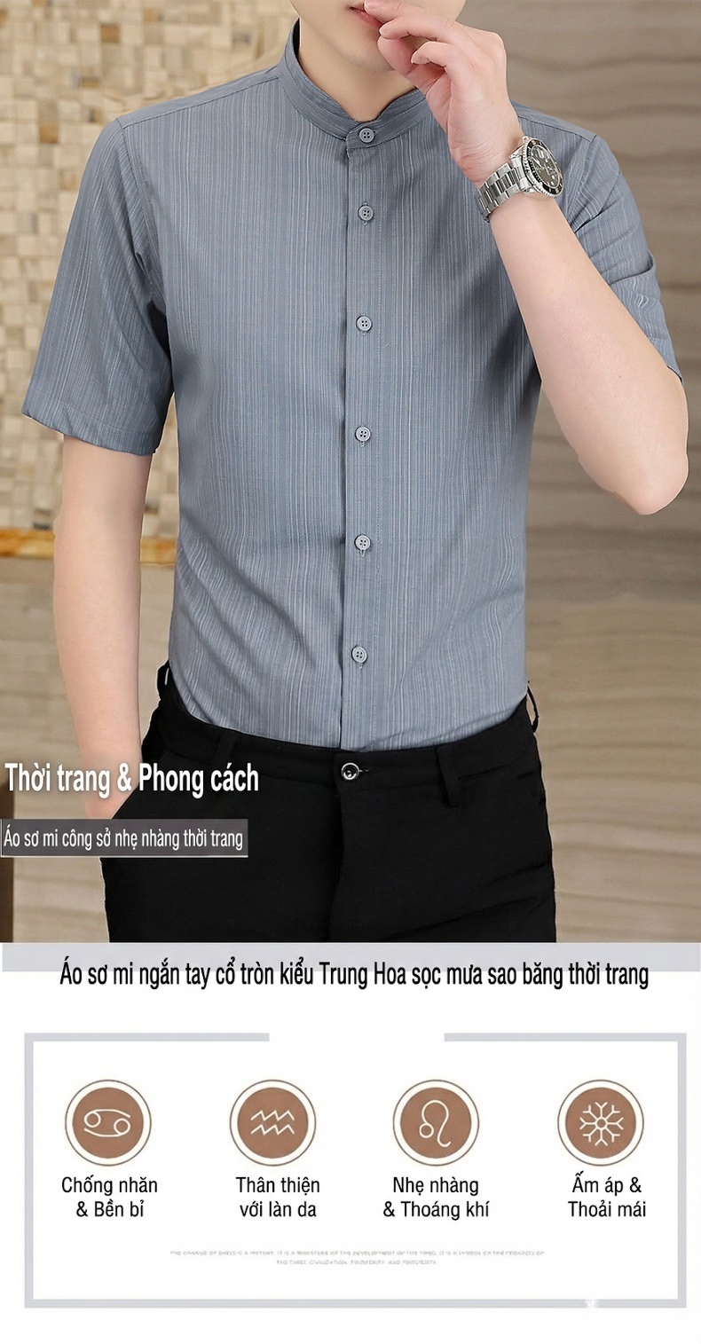Áo Sơ Mi Nam Ngắn Tay Cổ Trụ Kẻ Sọc Thoáng Mát Phong Cách Công Sở Màu Xám chi tiết 1